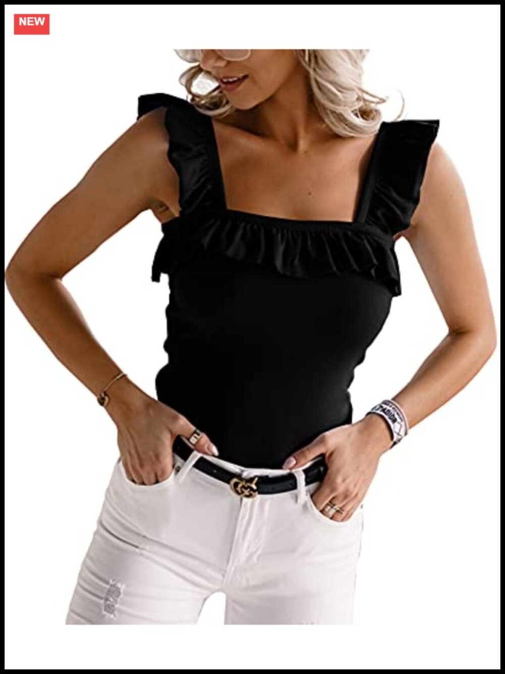 Womens Square Neck Ruffle Strap Tank Top Sleeveless Knit Summer Cute